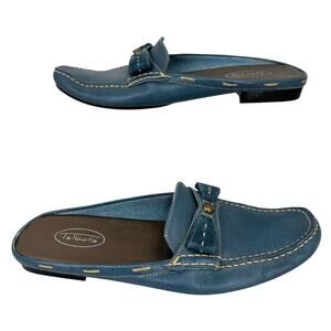 Talbots Mule Loafers Womens Size 7 Teal Blue Pebbled Leather Bow Detail Slip On
